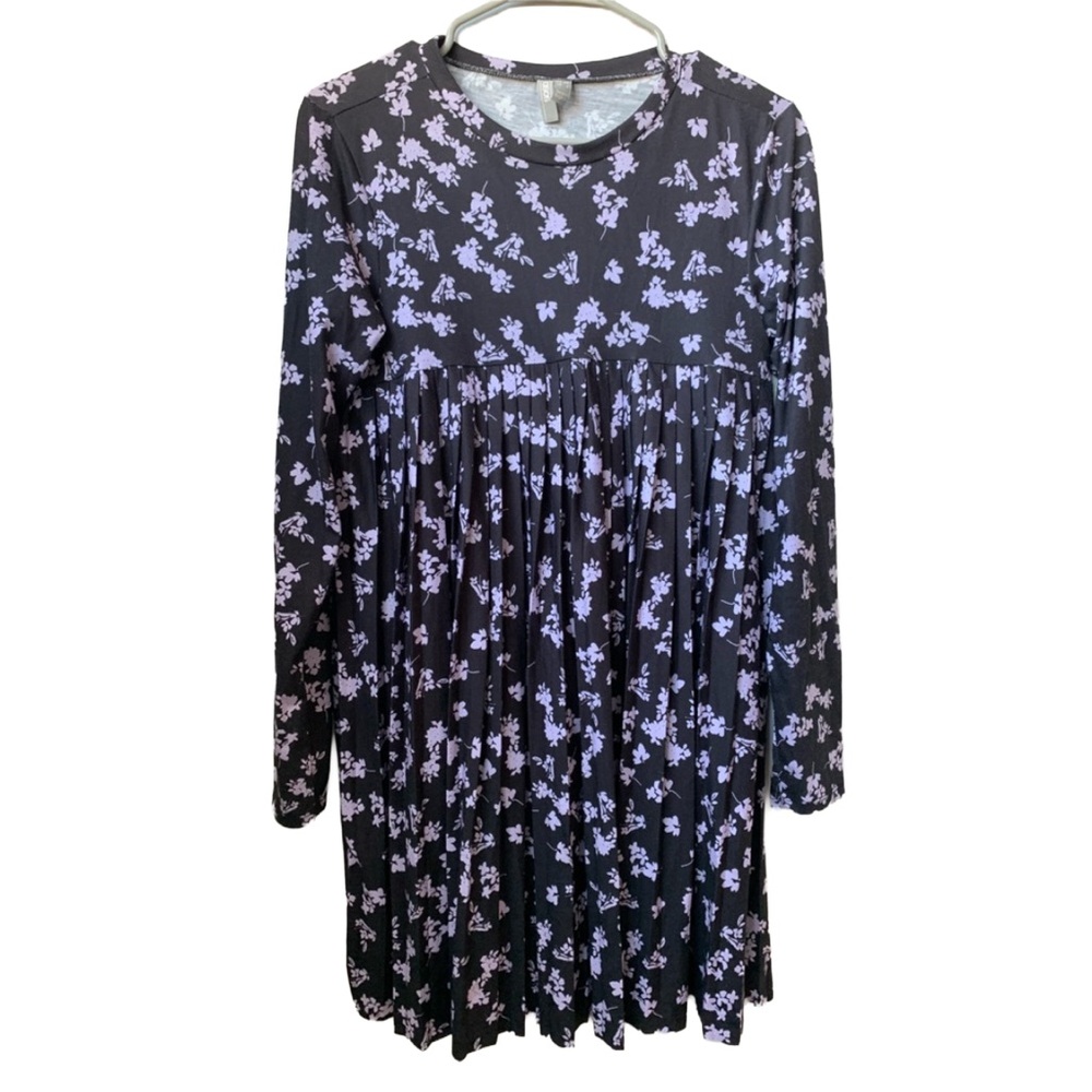 ASOS Women’s Black Lilac Purple Floral Print Long Sleeve Pleated Midi Dress